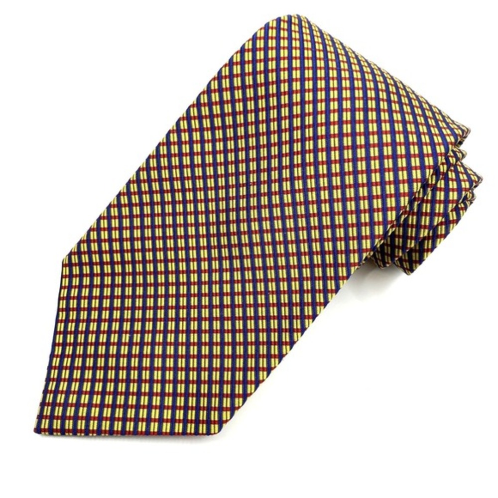 Lauren Ralph Lauren Men Silk Blend Tie Gold Red Blue Geometric Grids Made in USA